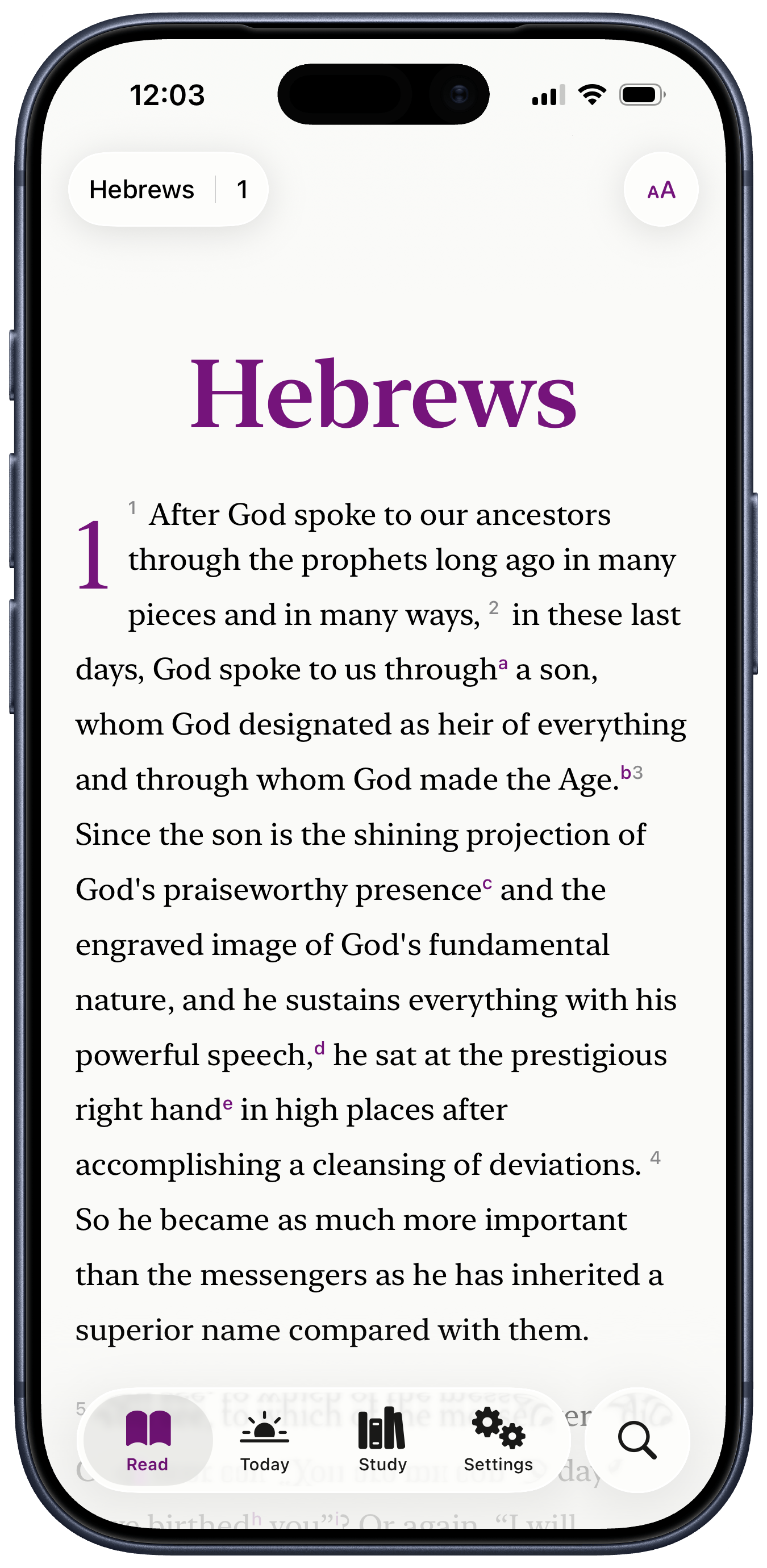 LIT Bible showing Hebrews 1 with Lent accent color